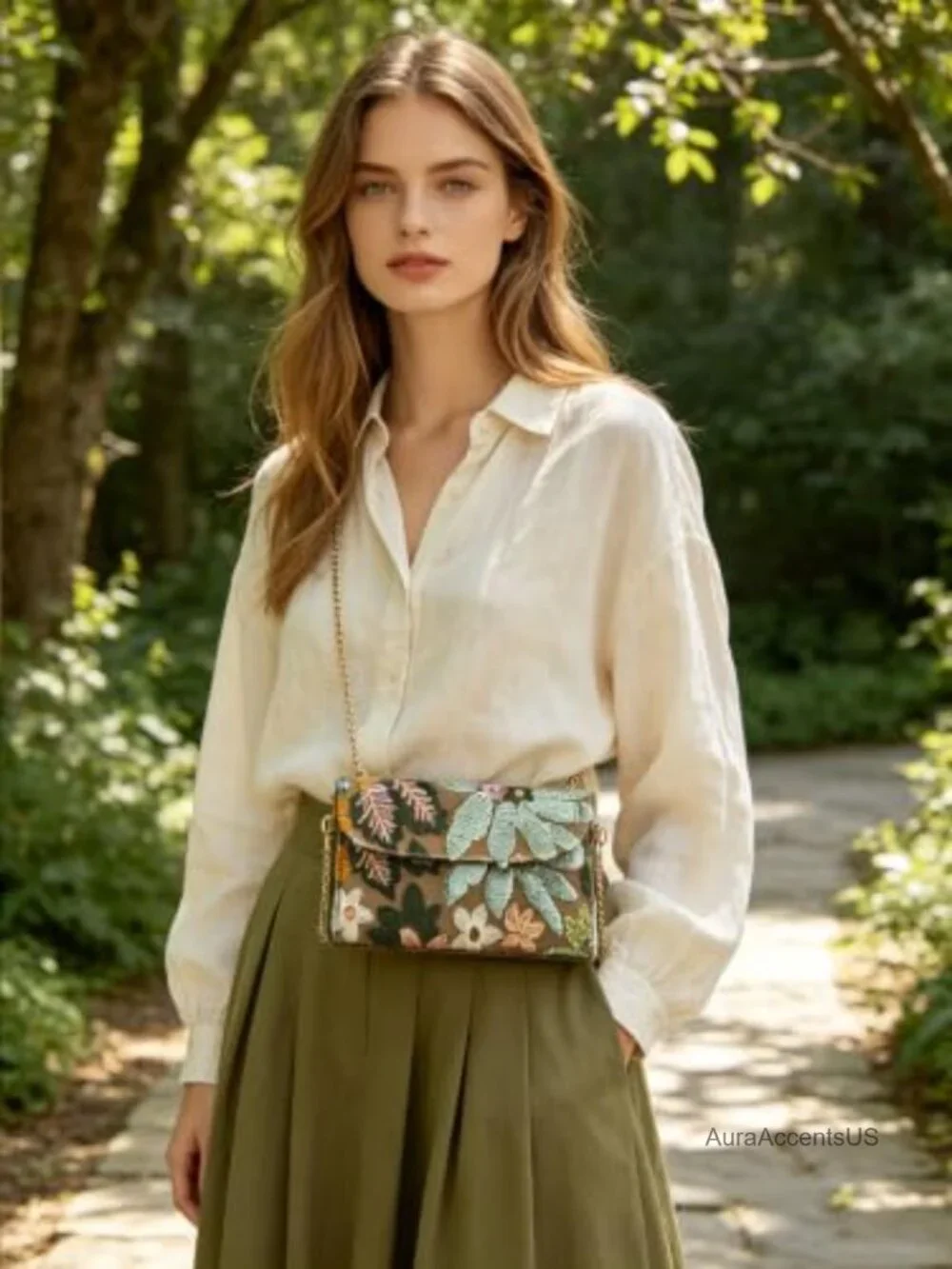 Floral Embroidered Sequin Beaded Clutch Evening Bag with Chain